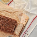 Useful home-made vegan sourdough bread from green buckwheat with flax and sunflower seeds. Raw healthy and proper nutrition Royalty Free Stock Photo