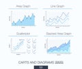 Useful infographic template. diagrams, stacked area and line graph, scatterplot.