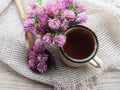 Useful plant trifolium with crimson flowers, herbal tea in an enameled mug and a wooden spoon with clover on a wooden background