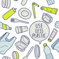 Useless plastic. Ecological seamless pattern. Problem plastic pollution. Hand-drawn illustration