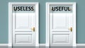 Useless and useful as a choice - pictured as words Useless, useful on doors to show that Useless and useful are opposite options Royalty Free Stock Photo