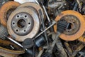 Useless, worn out rusty brake discs and other Royalty Free Stock Photo