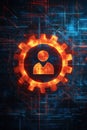 User Authentication Icon, A bright gear symbol with a person and checkmark representing user authentication and system settings