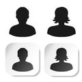 User black symbols. Simple man and woman silhouette. Profile labels on white square sticker. Sign of member or person on social ne