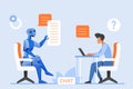 User and chat bot conversation, chatgpt, tiny man sitting at computer desk to type text