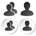User and community black symbols. Simple man silhouette. Profile labels on white round sticker. Sign of member or person on social