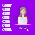 User contacts. Social icons. Woman sitting at table with laptop