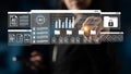 Advanced user interacting with futuristic digital interface showcasing artificial intelligence, data charts, file Royalty Free Stock Photo