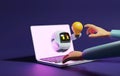 User hand touching cute robot light bulb through laptop on purple background Royalty Free Stock Photo