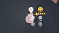 User hand touching the virtual screen on happy smile face icon to give satisfaction in service.