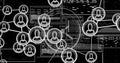 User icons connected by lines over data processing image with numbers and graphs Royalty Free Stock Photo