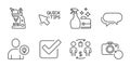 User idea, Buying process and Messenger icons set. Checkbox, Quick tips and Cleanser spray signs. Vector