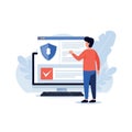 User Interacting with Computer Screen Showing Cybersecurity Shield and Verification Checkmark for Data Protection Flat Style 2D Il Royalty Free Stock Photo