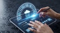 User interacts with advanced digital cloud computing interface using a stylus and fingers on a tablet Royalty Free Stock Photo