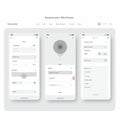 User interface design wireframe featuring three smartphone screens displayed side