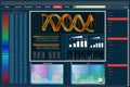 Genetics laboratory panel ui screen infographic. Illustration of a management interface screen with data and graphs