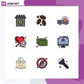 9 User Interface Filledline Flat Color Pack of modern Signs and Symbols of crime, money, machine, finance, love location