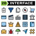 User interface icon set include bin, trash, basket, delete, remove, funnel, sort, filter, user interface, file, duplicate, paste,