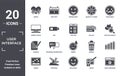 user.interface icon set. include creative elements as hearth, crying smile, film list, boring, paper bird, compose filled icons