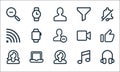 user interface line icons. linear set. quality vector line set such as headphone, female, female, music note, laptop, wifi, video