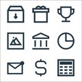 User interface line icons. linear set. quality vector line set such as calculator, dollar, mail, pie chart, bank, picture, winner