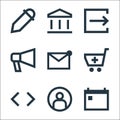 User interface line icons. linear set. quality vector line set such as calendar, user, code, cart, mail, loudspeaker, output, bank