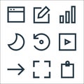user interface line icons. linear set. quality vector line set such as clipboard, full screen, foward, video player, reload, night