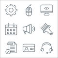 user interface line icons. linear set. quality vector line set such as headphone, id card, checklist, brush, focus, calendar, html Royalty Free Stock Photo