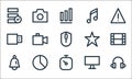 User interface line icons. linear set. quality vector line set such as headphones, stopwatch, bell, desktop computer, pie chart,