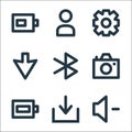 User interface line icons. linear set. quality vector line set such as low volume, download, full battery, camera, tooth, download