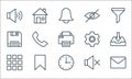 user interface line icons. linear set. quality vector line set such as message, camera, menu, mute button, bookmark, save, setting Royalty Free Stock Photo