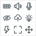 User interface line icons. linear set. quality vector line set such as move, maximize, bolt, idea, upload, hide, microphone,