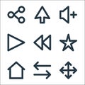 user interface line icons. linear set. quality vector line set such as move, repeat, home, star, rewind, play, high volume, up