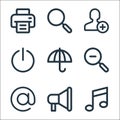 user interface line icons. linear set. quality vector line set such as music note, marketing, at, zoom out, umbrella, power, add