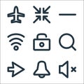 user interface line icons. linear set. quality vector line set such as no sound, notification, right, search, lock, wifi, minus,