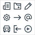 user interface line icons. linear set. quality vector line set such as play, car, email, foward, brightness, pencil, document