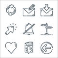 User interface line icons. linear set. quality vector line set such as previous, document, heart, direction, mute, cursor, email,