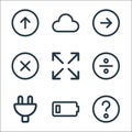 user interface line icons. linear set. quality vector line set such as question, low battery, plug, divide, maximize, multiply,