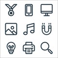 user interface line icons. linear set. quality vector line set such as search, printer, bulb, magnet, music note, photo, computer