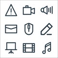 user interface line icons. linear set. quality vector line set such as song, video, presentation, edit, computer mouse, letter,