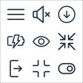 User interface line icons. linear set. quality vector line set such as toggle, minimize, minimize, show, charging, down, silent Royalty Free Stock Photo
