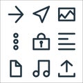 User interface line icons. linear set. quality vector line set such as upload, music, file, align left, password, more, gallery, Royalty Free Stock Photo