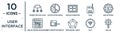 user.interface linear icon set. includes thin line connected data flow chart, archive furniture of two drawers, bad settings, data
