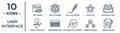 user.interface linear icon set. includes thin line data viewer, pen filled writing tool, dollars in a mail, comparision table,