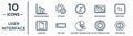 user.interface linear icon set. includes thin line decreasing bars chart, italic, crop tool, text box, on off power button,