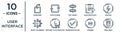 user.interface linear icon set. includes thin line paper bird, text height, eighties, anatomy class skeleton, corners, wink smile