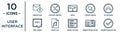 user.interface linear icon set. includes thin line unread mail, mesh, up chevron, music file, ribbon from a book, round done