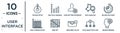 user.interface linear icon set. includes thin line upload setup, user setting interface, reload pie chart, grid off, data