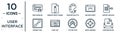 user.interface linear icon set. includes thin line web crawler, painter palette, export archive, task list, move arrows, open