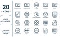 user.interface linear icon set. includes thin line window back button, expand tool, right settings, round done button, answer, pie